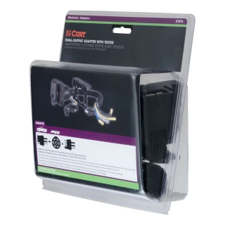 CURT electrical adapter converting 4-way flat to 7-way RV blade with dust covers