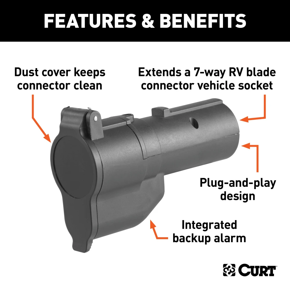 CURT electrical adapter extends 7-way RV blade connector with backup alarm and dust cover