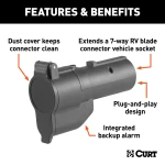 CURT electrical adapter extends 7-way RV blade connector with backup alarm and dust cover