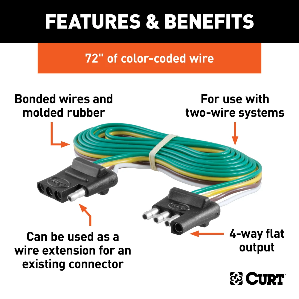 CURT 4-way flat electrical connector with 72-inch bonded wire for trailers.