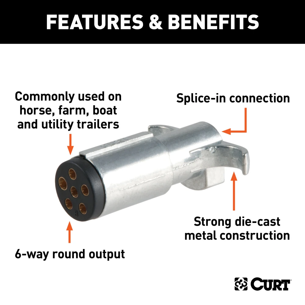 CURT electrical connector with 6-way round design providing power for various trailer functions.