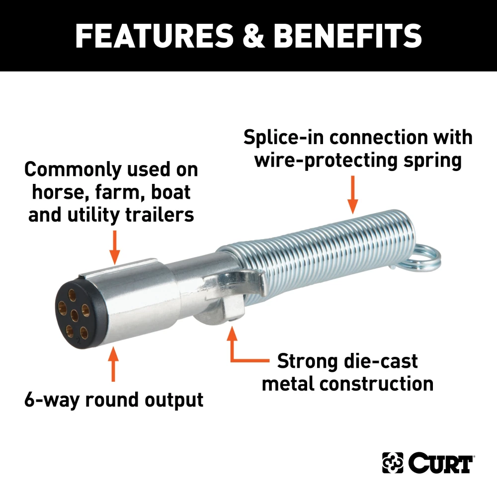 CURT 6-way round trailer connector with durable metal construction and spring attachment.