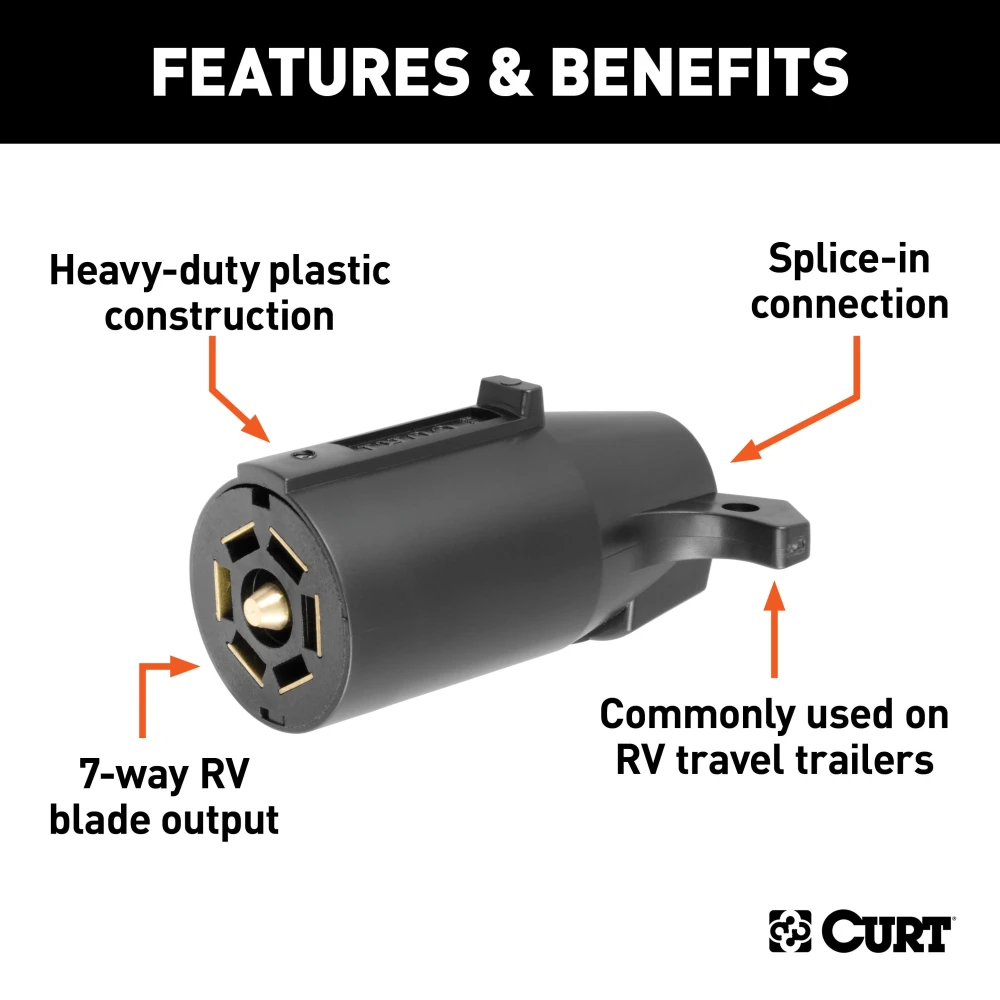 CURT 7-way RV blade trailer connector, male-end plug for reliable trailer-side connection