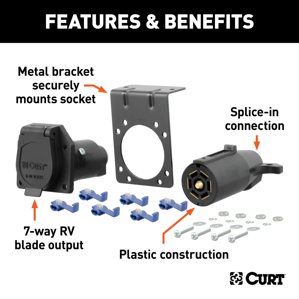 CURT 7-way RV blade connector for trailer with spring-loaded dust cover.