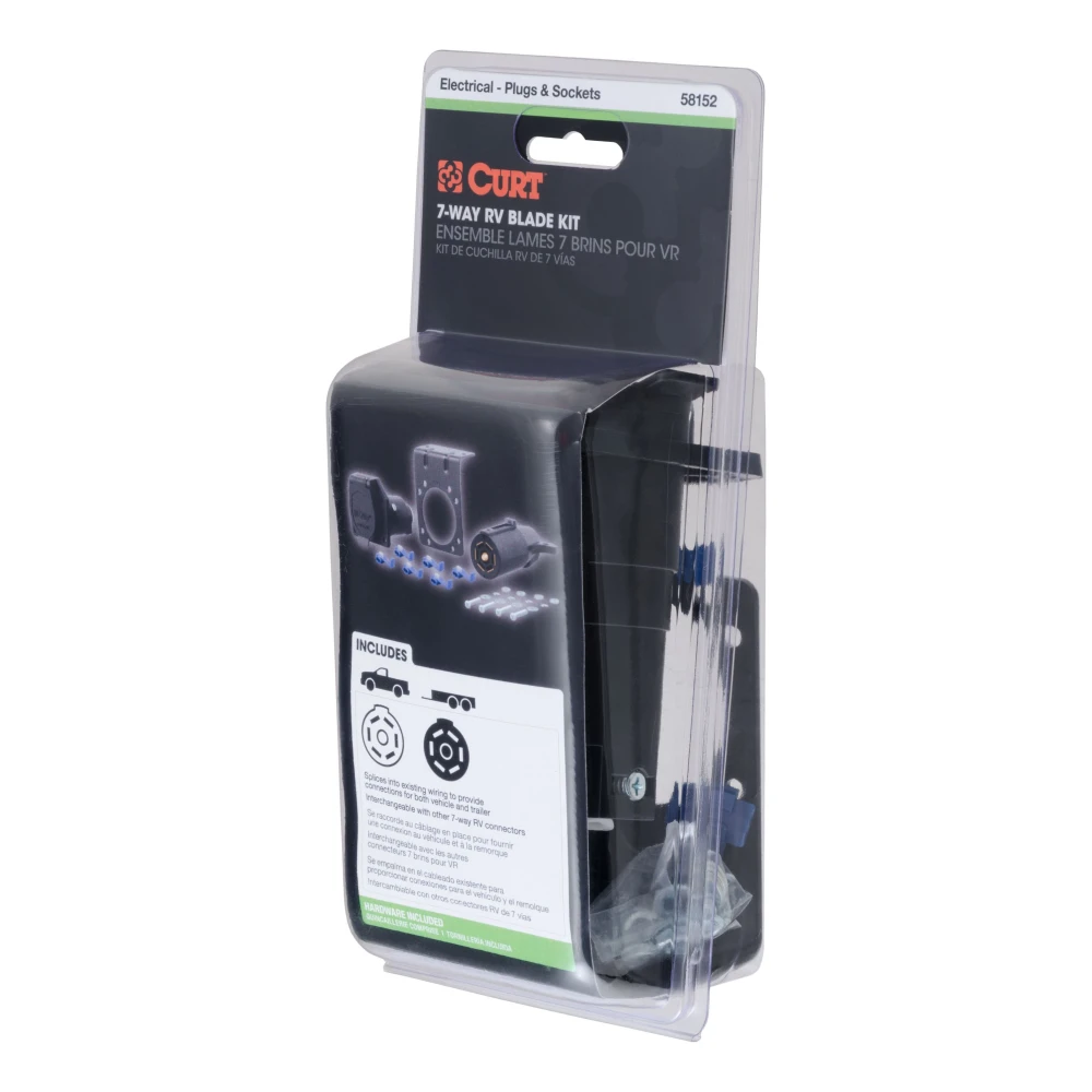 CURT 7-way RV blade connector for trailer with spring-loaded dust cover.