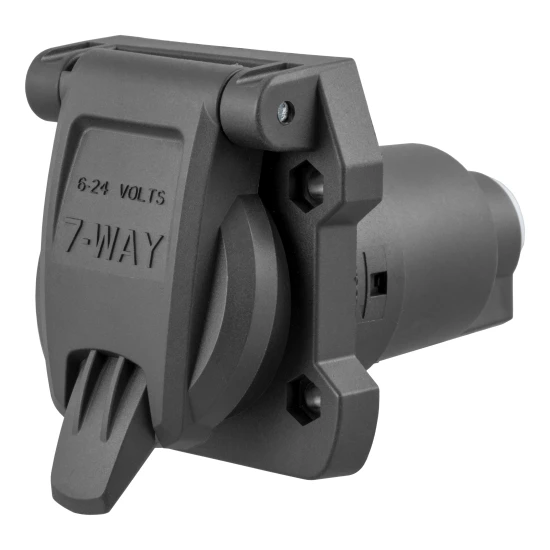 CURT 7-way RV blade connector with a spring-loaded dust cover for reliable trailer connections.