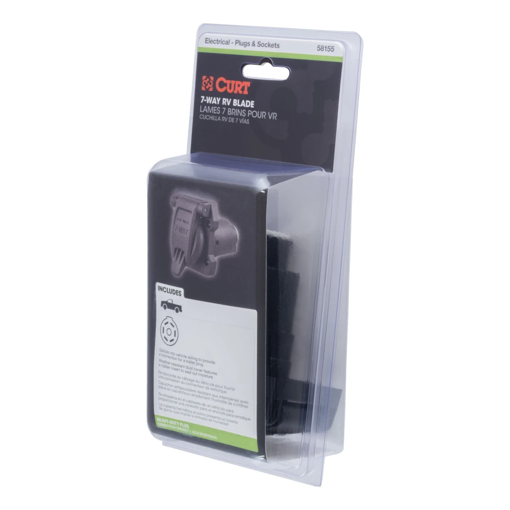 CURT 7-way RV blade connector with a spring-loaded dust cover for reliable trailer connections.