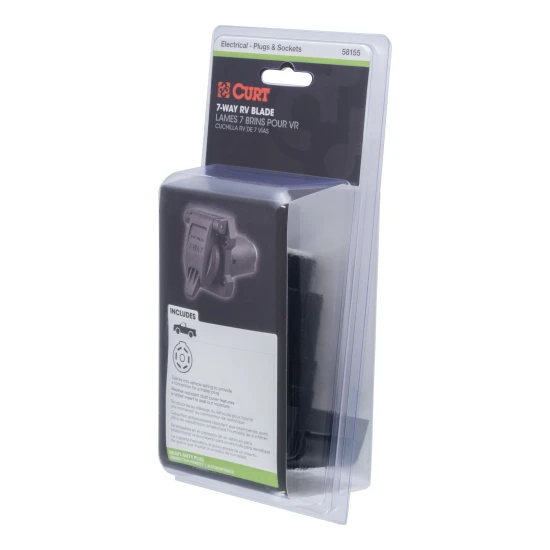 CURT 7-way RV blade connector with a spring-loaded dust cover for reliable trailer connections.