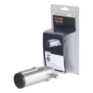 CURT 7-way round trailer-end plug for RV trailers, reliable and durable die-cast metal construction.