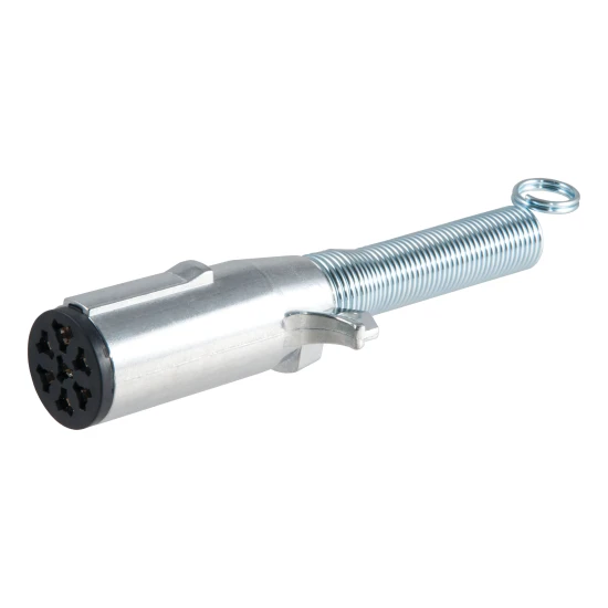 CURT 7-way round electrical connector for trailers, featuring durable die-cast metal and spring protection.