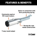 CURT 7-way round electrical connector for trailers, featuring durable die-cast metal and spring protection.