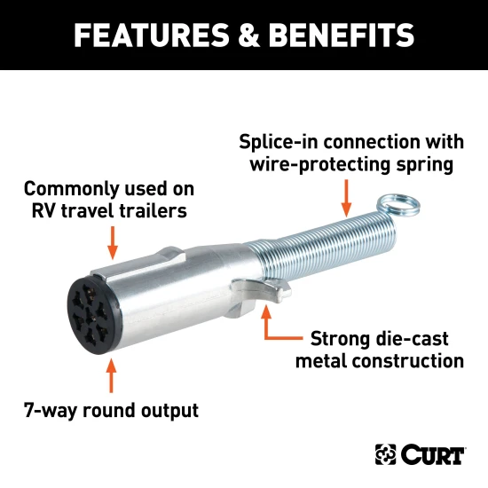 CURT 7-way round electrical connector for trailers, featuring durable die-cast metal and spring protection.