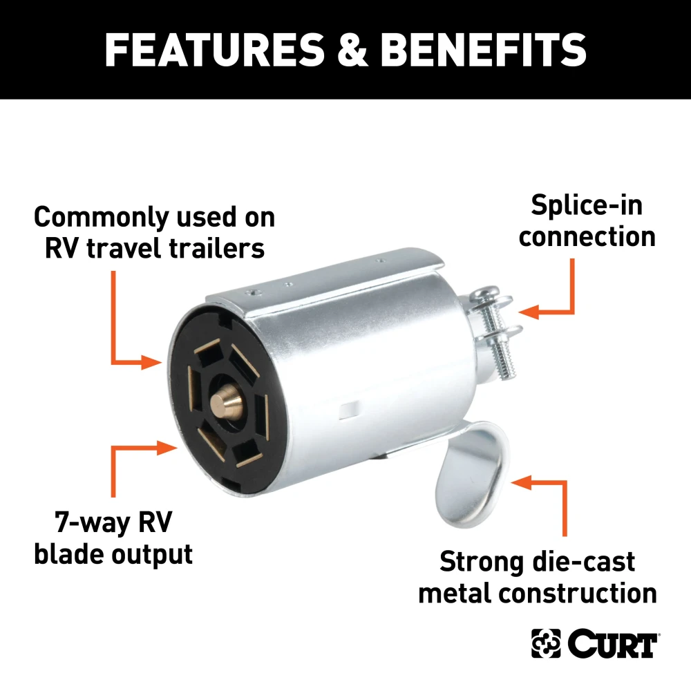 CURT 7-way round RV blade connector for trailers, male-end plug, designed for trailer side