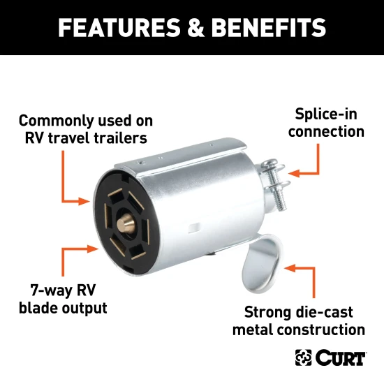 CURT 7-way round RV blade connector for trailers, male-end plug, designed for trailer side
