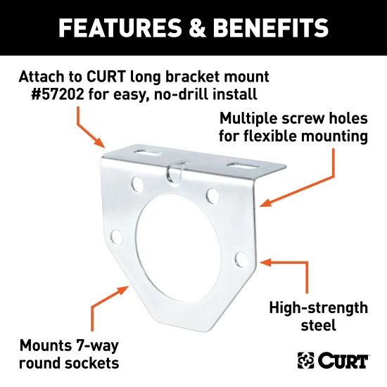 CURT electrical connector bracket for mounting 7-way round sockets on trailer hitches.