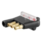 CURT connector tester plugged into a 4-way flat socket with LED indicators lit