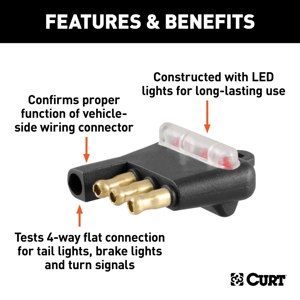 CURT connector tester for 4-way flat socket with LED lights, ensuring trailer light functionality