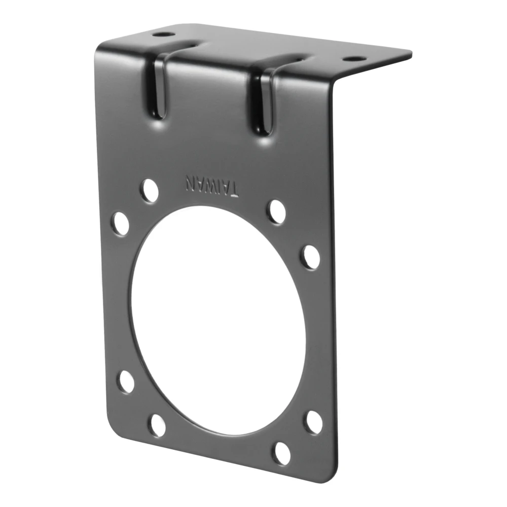 Black steel CURT electrical connector bracket securely mounts 7-way RV blade socket to trailer hitch.