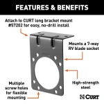 Black steel CURT electrical connector bracket securely mounts 7-way RV blade socket to trailer hitch.