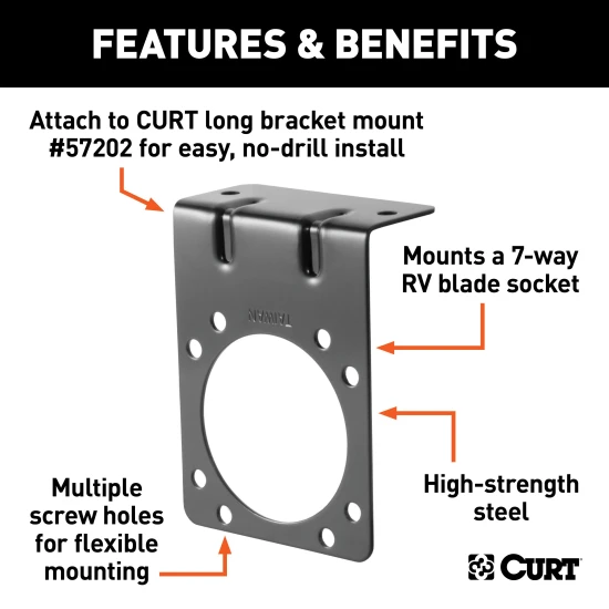 Black steel CURT electrical connector bracket securely mounts 7-way RV blade socket to trailer hitch.