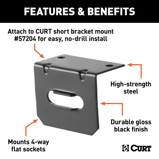 CURT electrical connector bracket securely mounting a 4-way flat socket with a durable black finish