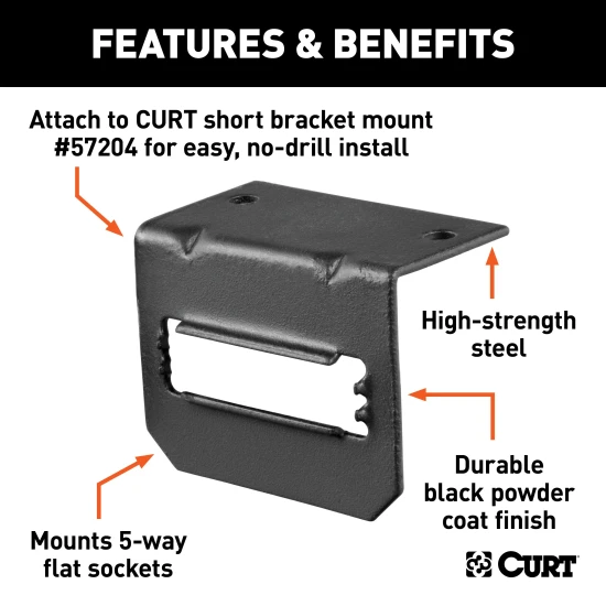 CURT electrical connector bracket securely mounting a 5-way flat socket on trailer hitch.