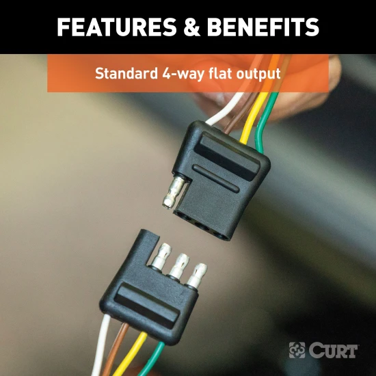 CURT 4-way flat electrical connector shown with durable rubber construction and color-coded bonded wires