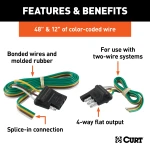 CURT 4-way flat electrical connector kit with durable molded rubber and color-coded wires for tail, turn, and brake lights.
