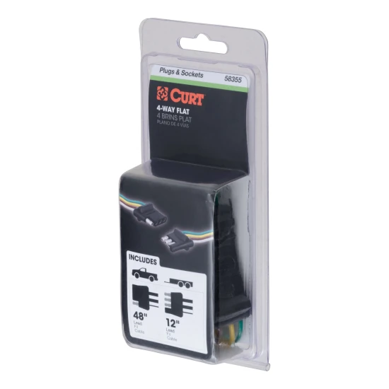 CURT 4-way flat electrical connector kit with durable molded rubber and color-coded wires for tail, turn, and brake lights.