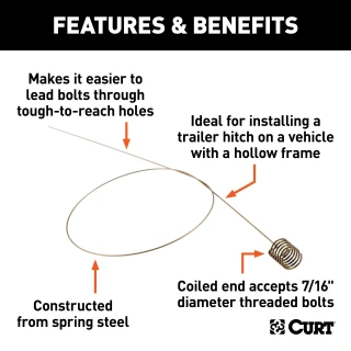 CURT fish wire aiding in trailer hitch installation with spring steel construction and 7/16 inch coil diameter.
