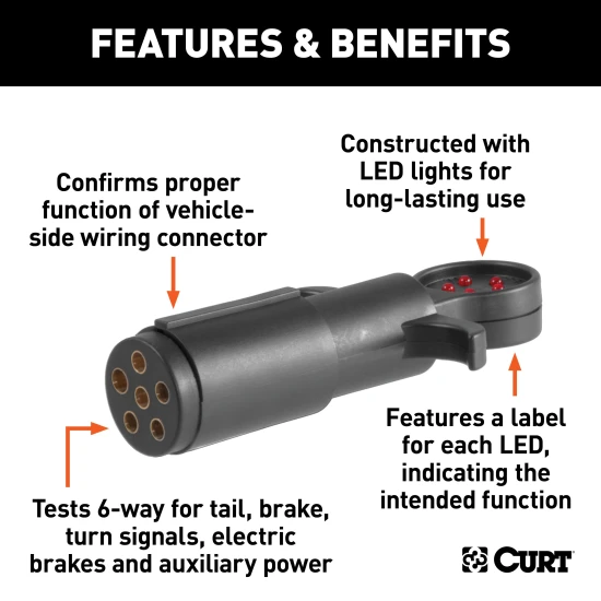 CURT connector tester for 6-way round sockets with LED lights, used for checking trailer lights and vehicle wiring functionality