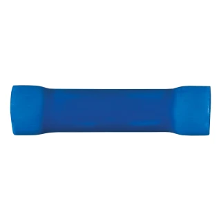 Close-up of CURT vinyl-insulated butt connectors, blue, for 16-14 gauge wires, 100-piece package