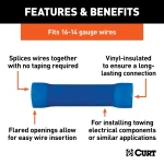 Close-up of CURT vinyl-insulated butt connectors, blue, for 16-14 gauge wires, 100-piece package