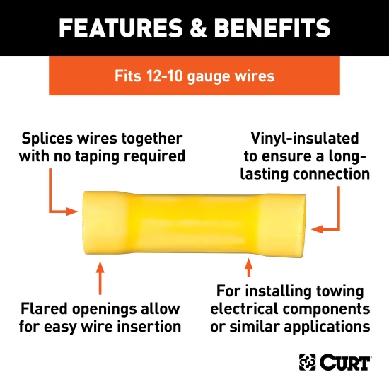 CURT butt connectors with vinyl insulation for easy wire connections on 12-10 gauge wires, pack of 100.