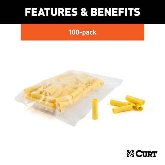CURT butt connectors with vinyl insulation for easy wire connections on 12-10 gauge wires, pack of 100.
