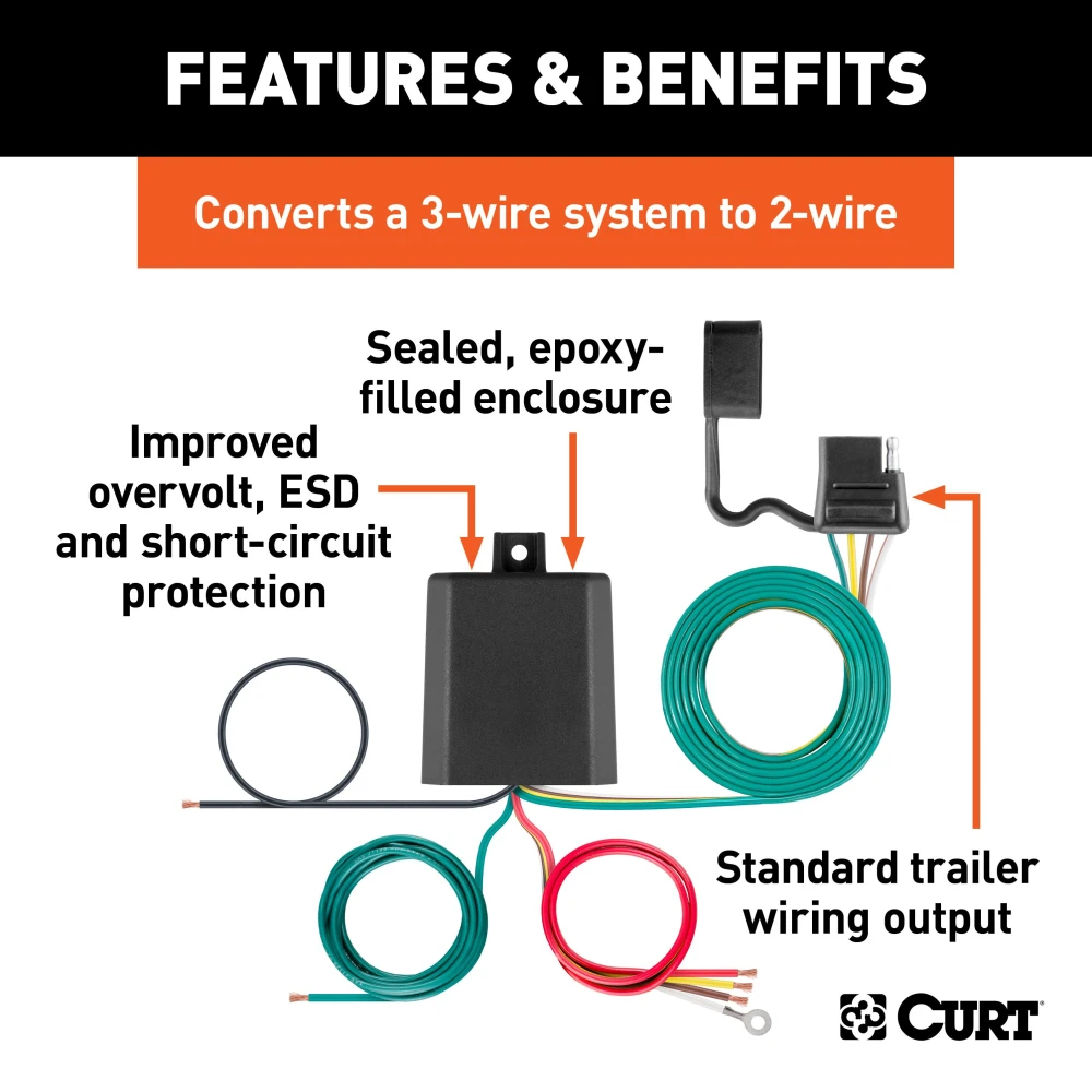 CURT Taillight Converter with durable construction and 4-way flat trailer wiring connector for universal fit vehicles