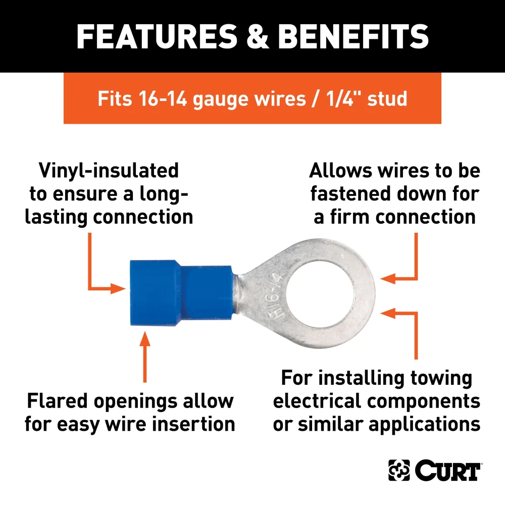 CURT vinyl-insulated ring terminals pack for 16-14 gauge wiring and 1/4 inch stud.