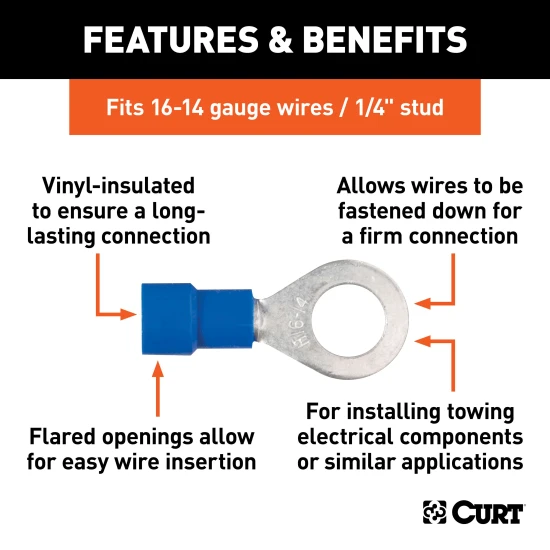 CURT vinyl-insulated ring terminals pack for 16-14 gauge wiring and 1/4 inch stud.