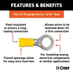 CURT wire terminals with vinyl insulation, color-coded for 12-10 gauge wires, offering secure connections and easy installation.