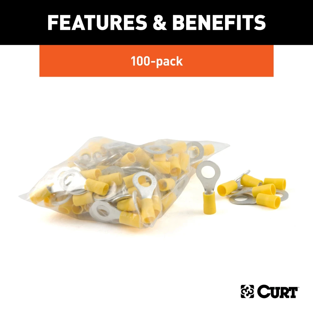 CURT wire terminals with vinyl insulation, color-coded for 12-10 gauge wires, offering secure connections and easy installation.