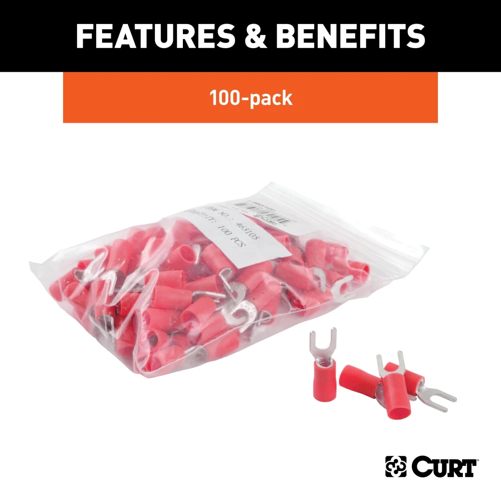 Red CURT spade terminals for 22-18 gauge wires, vinyl-insulated for secure connections