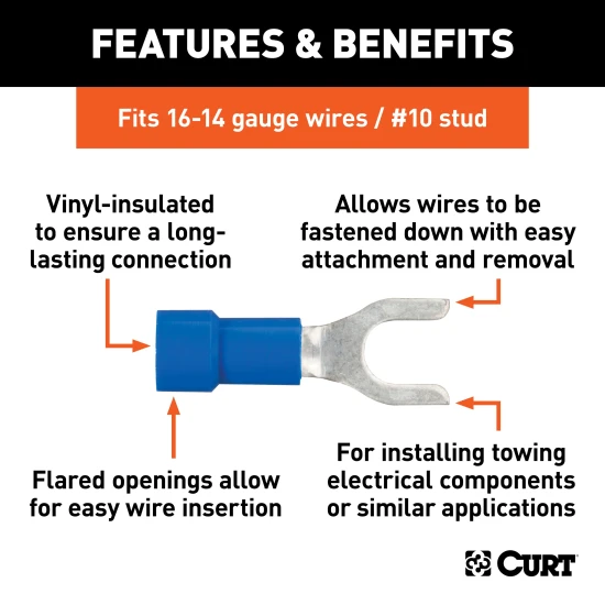 CURT spade terminals, vinyl-insulated, color-coded blue for 16-14 gauge wires, 100-pack