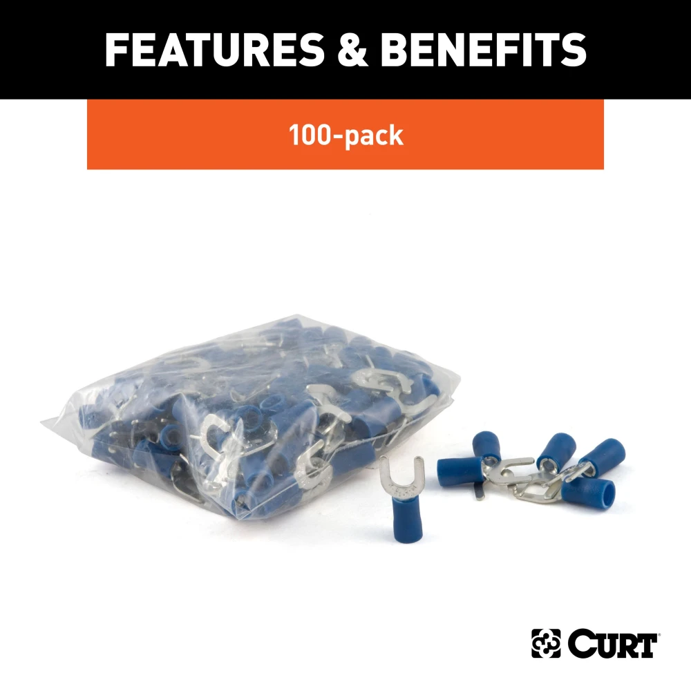 CURT spade terminals, vinyl-insulated, color-coded blue for 16-14 gauge wires, 100-pack
