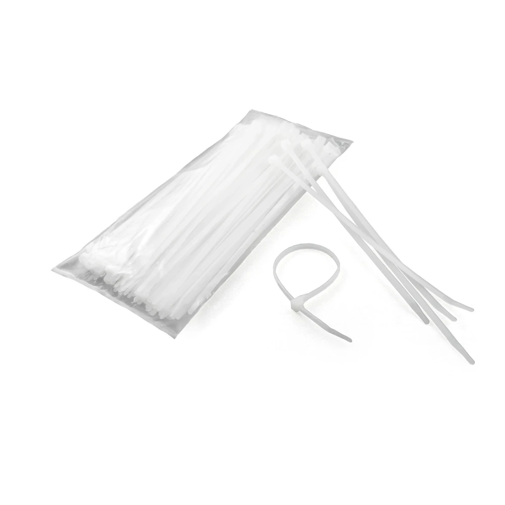 Package of 100 CURT 7-1/4 inch white nylon zip ties for secure cable management.