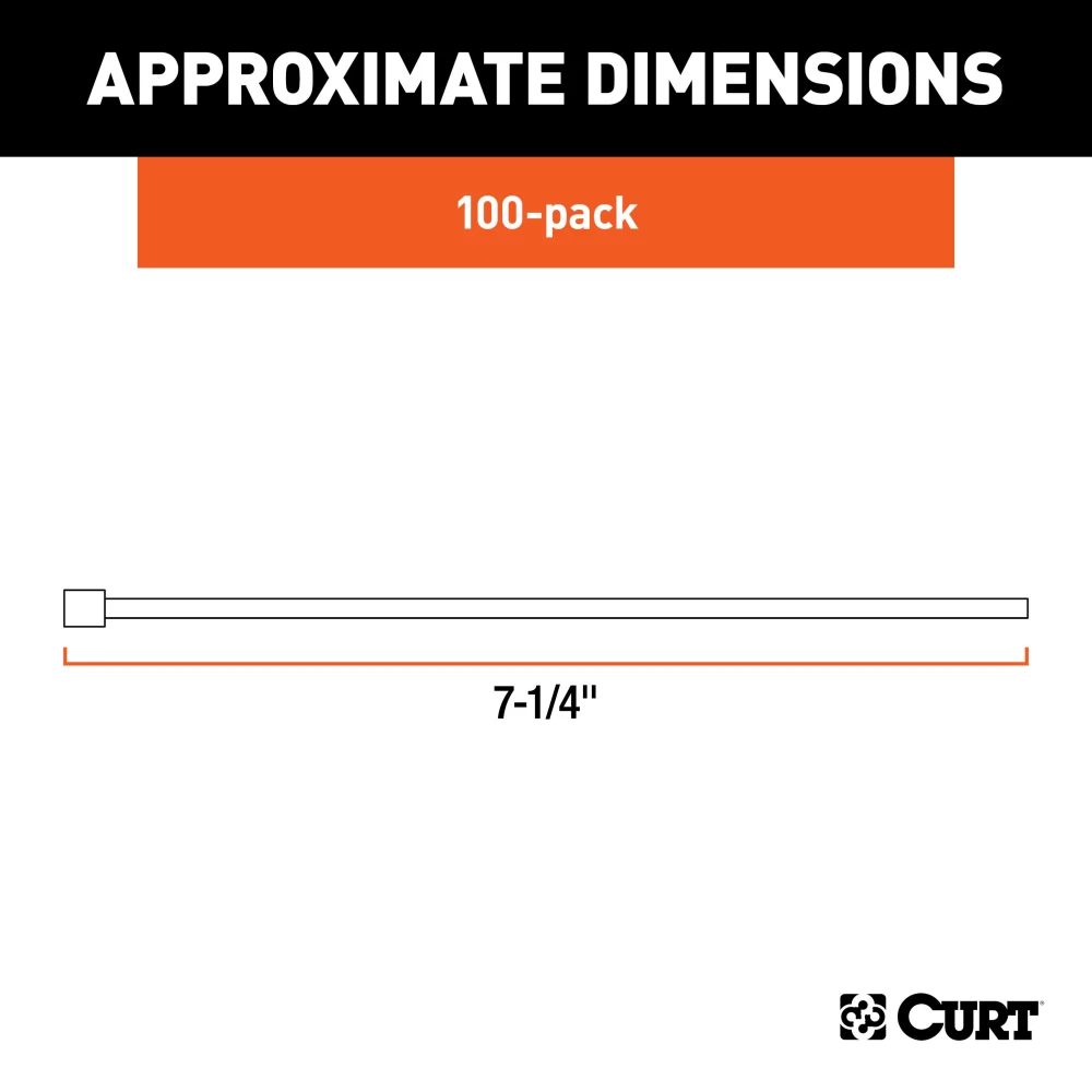 Package of 100 CURT 7-1/4 inch white nylon zip ties for secure cable management.