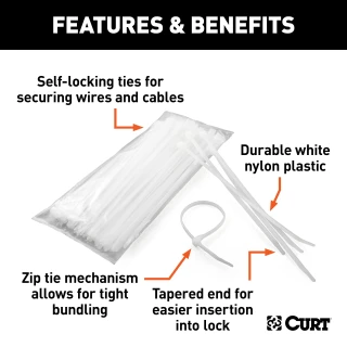 Package of 100 CURT 7-1/4 inch white nylon zip ties for secure cable management.