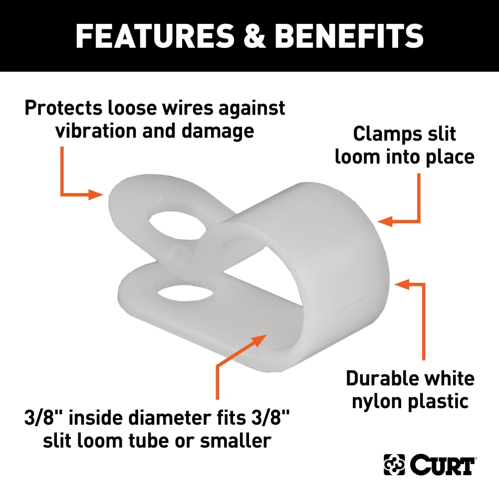 25 CURT white nylon loom clamps for securing trailer wiring and protecting against vibration and damage.