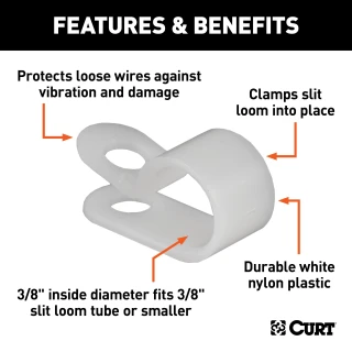 25 CURT white nylon loom clamps for securing trailer wiring and protecting against vibration and damage.