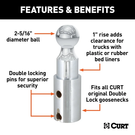 CURT Double Lock gooseneck riser ball, 2-5/16 inch diameter, provides secure towing with extra clearance.