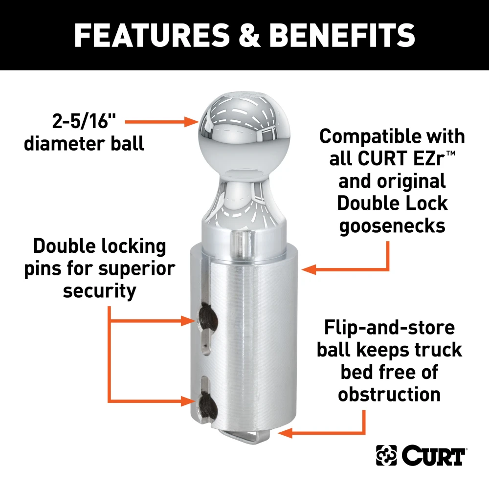 CURT Double Lock gooseneck hitch ball replacement, chrome finish for heavy-duty towing.